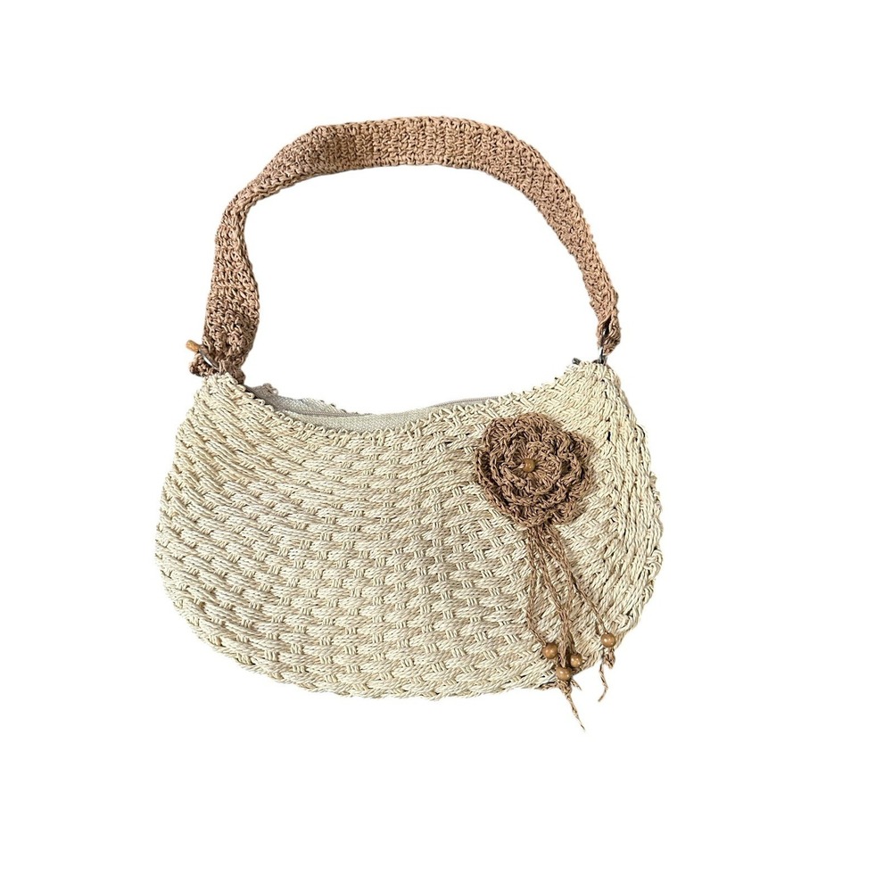 sun n sand shoulder bag cream brown flower woven straw‎